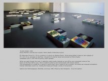 “Screen Heads” 1993 Georg Mühleck (concept and visuals), Pierre Dostie (interactive sound)  85 Silkscreen Prints 43 x 35 cm, printed in 4 colours by Barbara Rauch. Prints being folded 4 times to form objects of  27 x 18 x 8 cm, arranged on the floor;