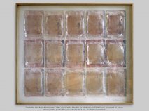 “Fünfzehn 414 Rosa-Sandwiches” 1980, Copigraphy Transfer RX 6500 on varnished tissue, oil pastel on tissue,cheese cloth, plastic film, pins, 95.5 x 82.5 cm, 1/1 © Georg Mühleck