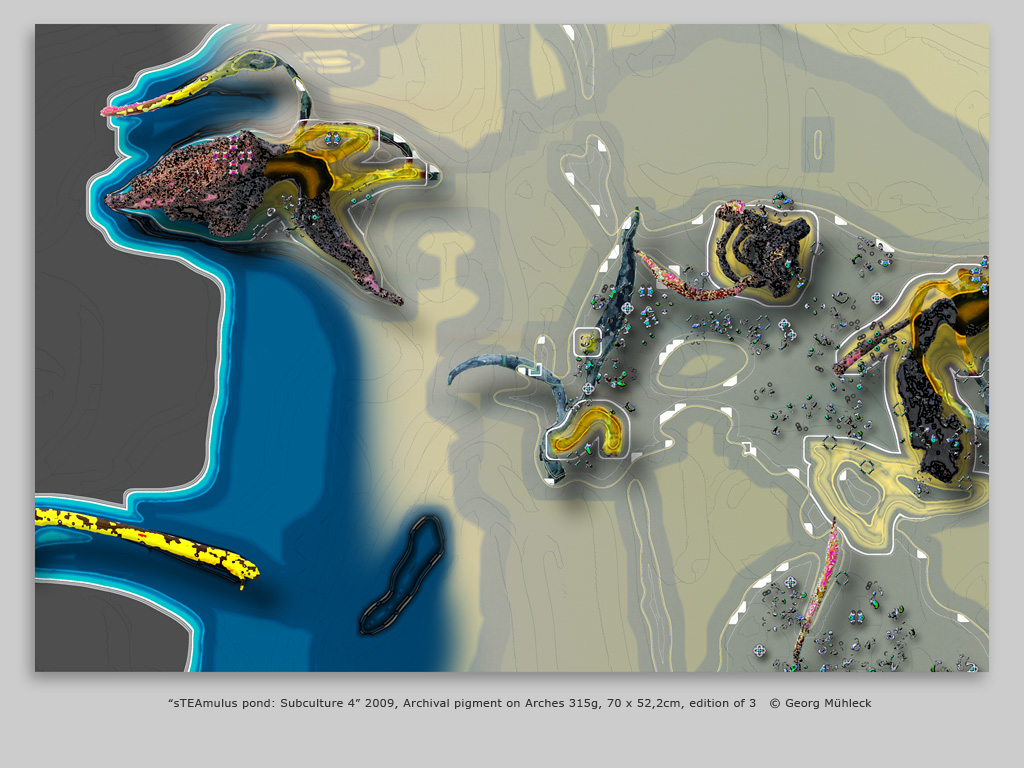 “sTEAmulus pond: Subculture 4” 2009, Archival pigment on Arches 315g, 70 x 52,2cm, edition of 3   © Georg Mühleck