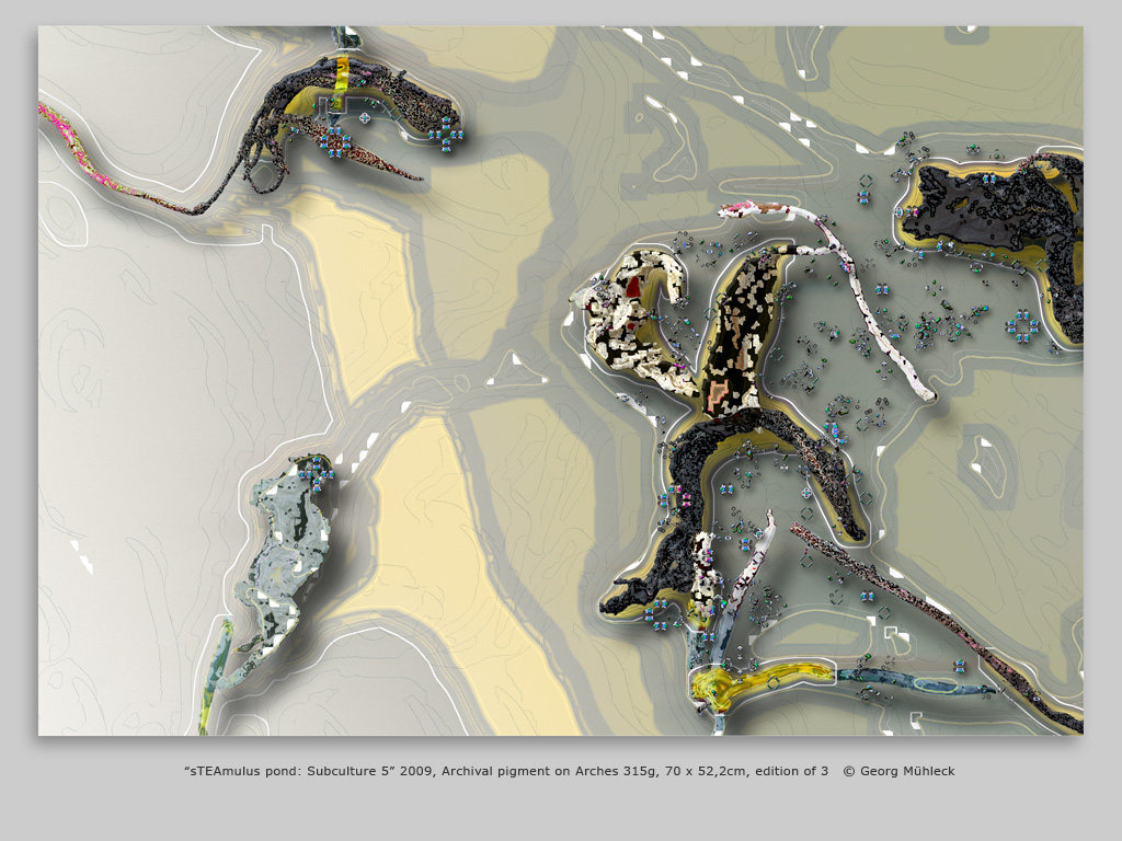 “sTEAmulus pond: Subculture 5” 2009, Archival pigment on Arches 315g, 70 x 52,2cm, edition of 3   © Georg Mühleck