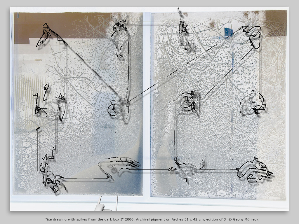 “ice drawing with spikes from the dark box I” 2006, Archival pigment on Arches 51 x 42 cm, edition of 3  © Georg Mühleck