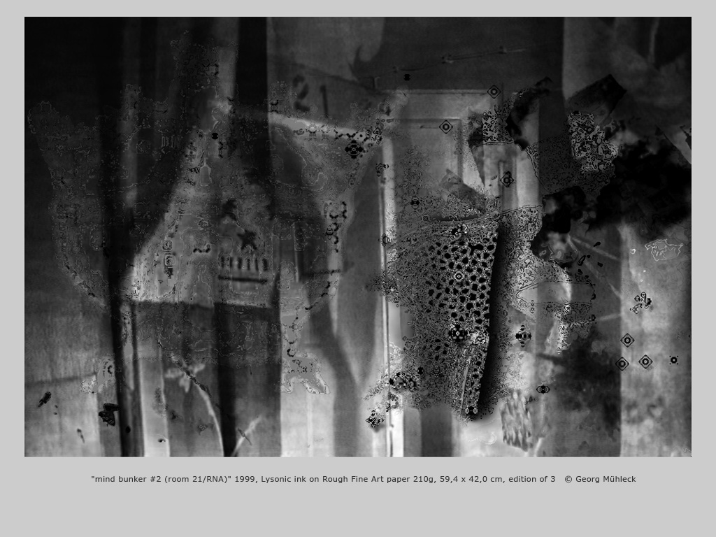 "mind bunker #2 (room 21/RNA)" 1999, Lysonic ink on Rough Fine Art paper 210g, 59,4 x 42,0 cm, edition of 3   © Georg Mühleck
