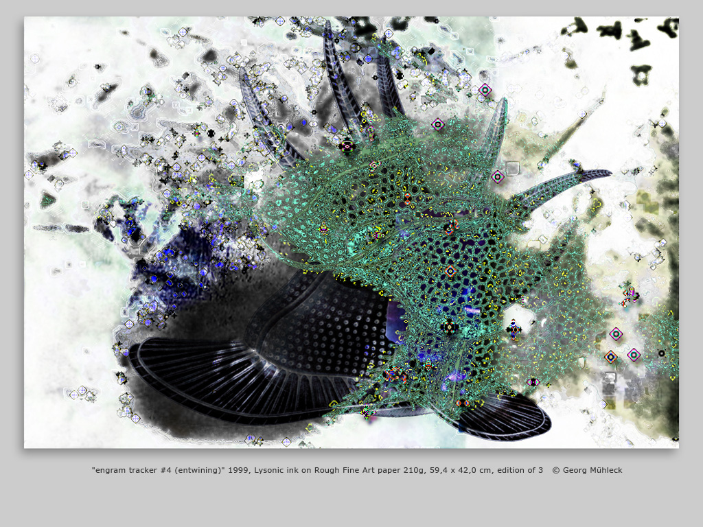 "engram tracker #4 (entwining)" 1999, Lysonic ink on Rough Fine Art paper 210g, 59,4 x 42,0 cm, edition of 3   © Georg Mühleck