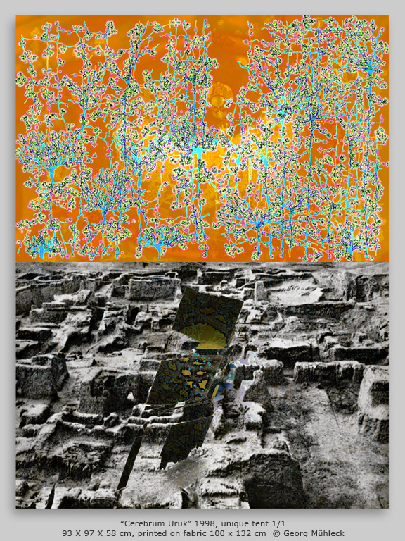“Cerebrum Uruk” 1998, unique tent 1/1 93 X 97 X 58 cm, printed on fabric 100 x 132 cm  © Georg Mühleck
