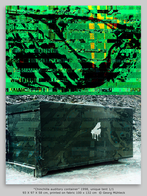 “Chinchilla auditory container” 1998, unique tent 1/1 93 X 97 X 58 cm, printed on fabric 100 x 132 cm  © Georg Mühleck