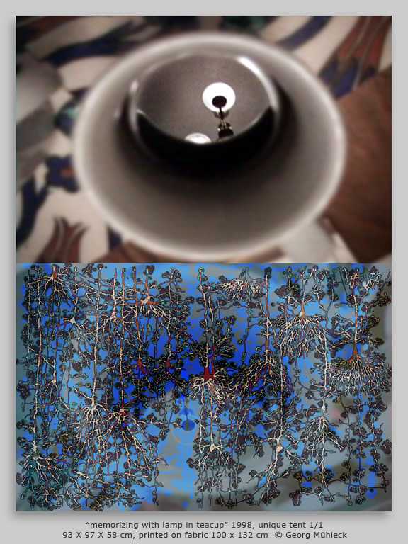 "memorizing with lamp in teacup” 1998, unique tent 1/1 93 X 97 X 58 cm, printed on fabric 100 x 132 cm  © Georg Mühleck