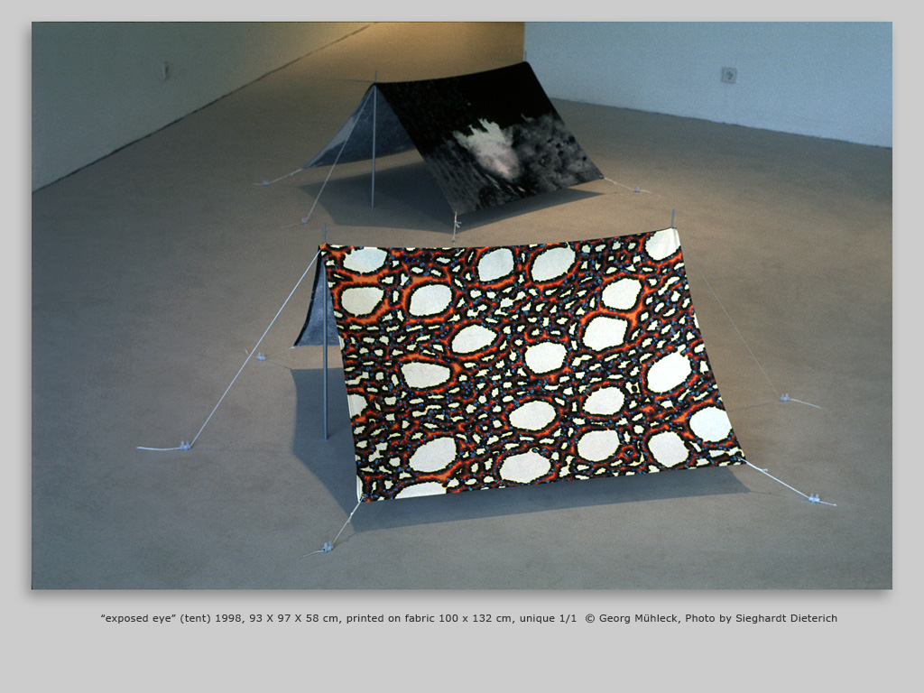 “exposed eye” (tent) 1998, 93 X 97 X 58 cm, printed on fabric 100 x 132 cm, unique 1/1  © Georg Mühleck, Photo by Sieghardt Dieterich
