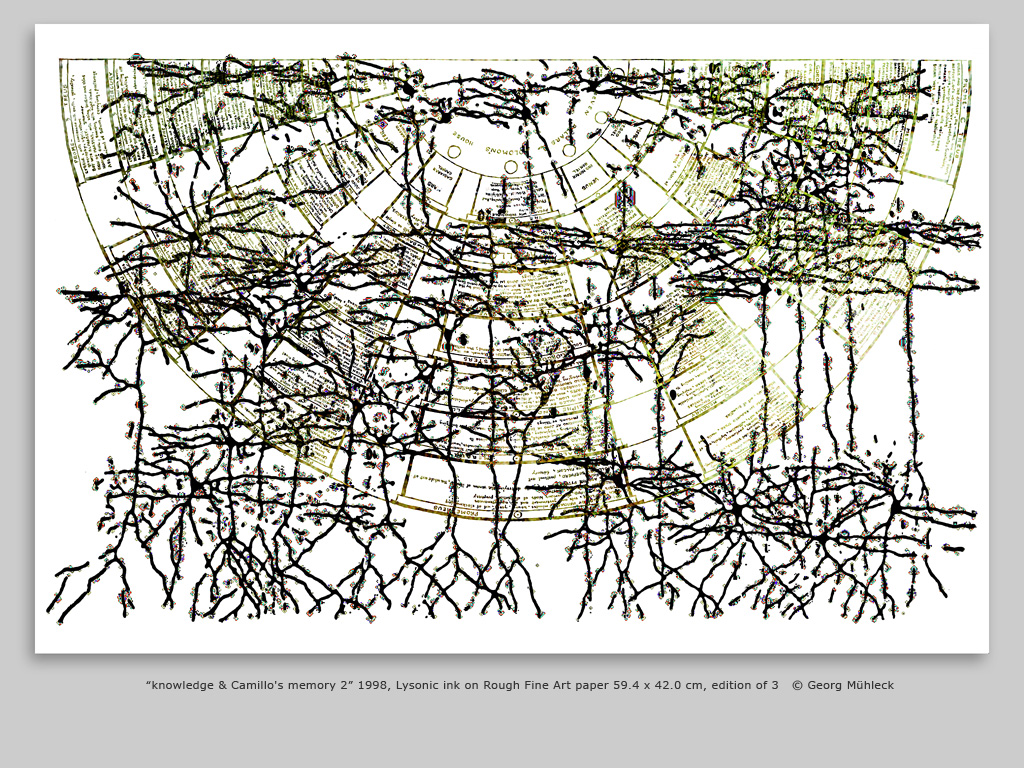 “knowledge & Camillo's memory 2” 1998, Lysonic ink on Rough Fine Art paper 59.4 x 42.0 cm, edition of 3   © Georg Mühleck