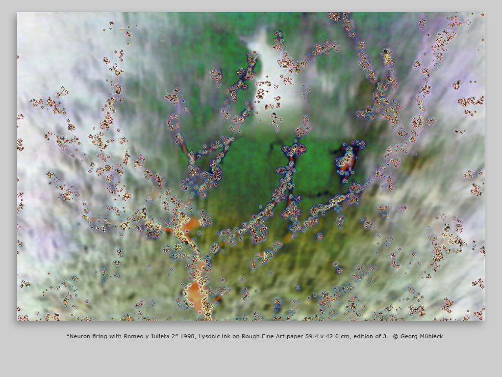 “Neuron firing with Romeo y Julieta 2” 1998, Lysonic ink on Rough Fine Art paper 59.4 x 42.0 cm, edition of 3   © Georg Mühleck