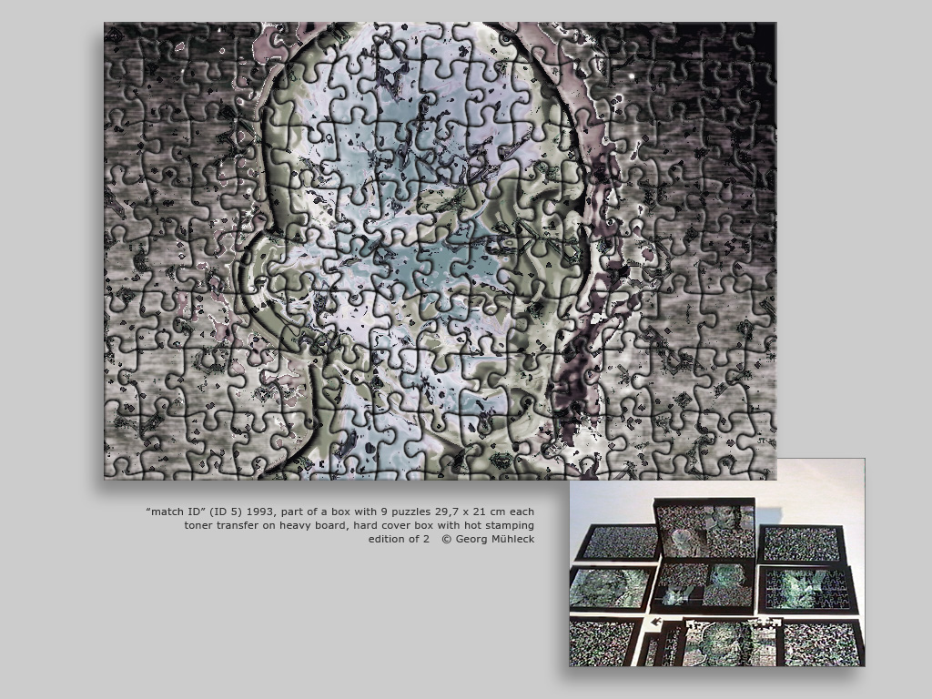 “match ID” (ID 5) 1993, part of a box with 9 puzzles 29,7 x 21 cm each toner transfer on heavy board, hard cover box with hot stamping edition of 2   © Georg Mühleck