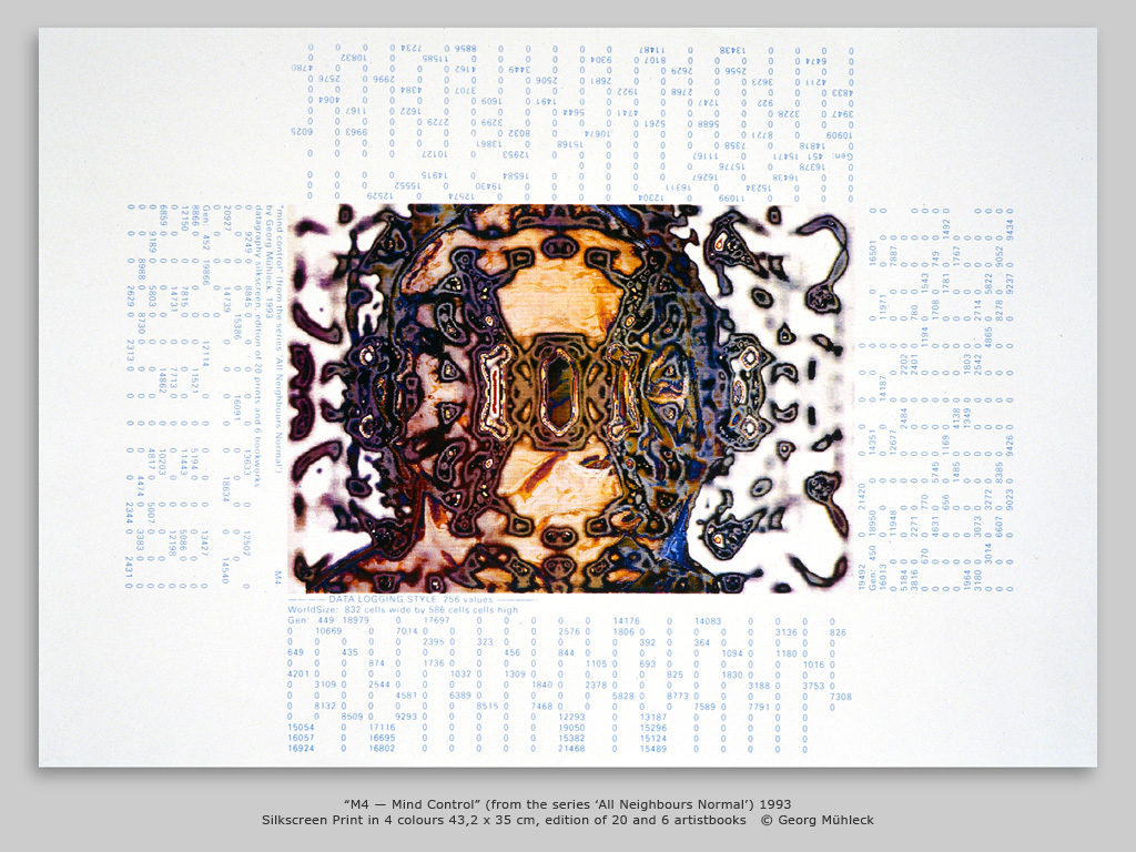 “M4 — Mind Control” (from the series ‘All Neighbours Normal’) 1993 Silkscreen Print in 4 colours 43,2 x 35 cm, edition of 20 and 6 artistbooks   © Georg Mühleck
