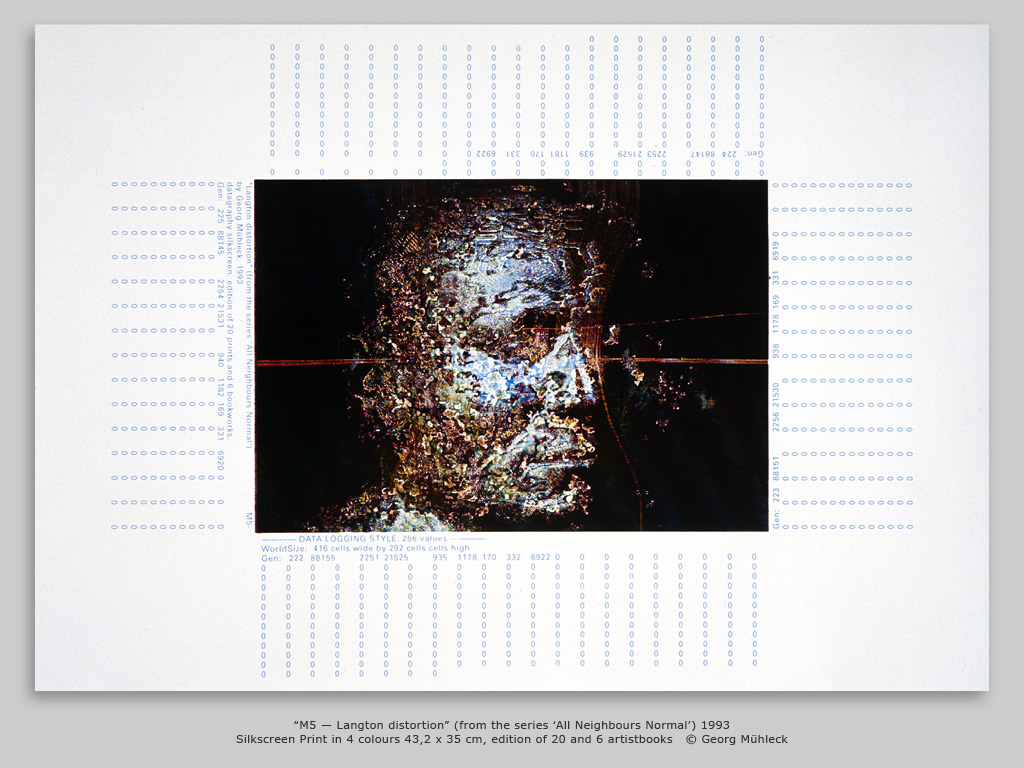 “M5 — Langton distortion” (from the series ‘All Neighbours Normal’) 1993 Silkscreen Print in 4 colours 43,2 x 35 cm, edition of 20 and 6 artistbooks   © Georg Mühleck