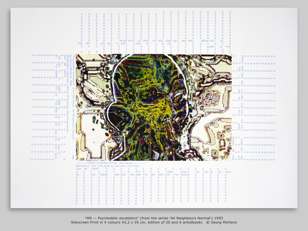 “M8 — Psychedelic escalators” (from the series ‘All Neighbours Normal’) 1993 Silkscreen Print in 4 colours 43,2 x 35 cm, edition of 20 and 6 artistbooks   © Georg Mühleck