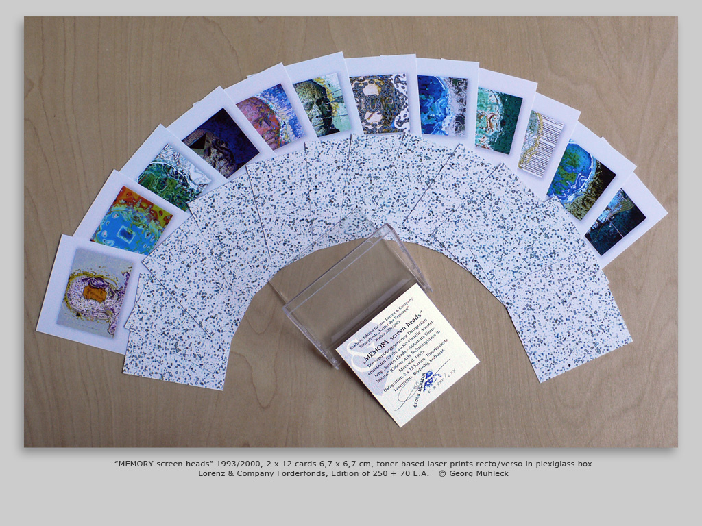 “MEMORY screen heads” 1993/2000, 2 x 12 cards 6,7 x 6,7 cm, toner based laser prints recto/verso in plexiglass box Lorenz & Company Förderfonds, Edition of 250 + 70 E.A.   © Georg Mühleck