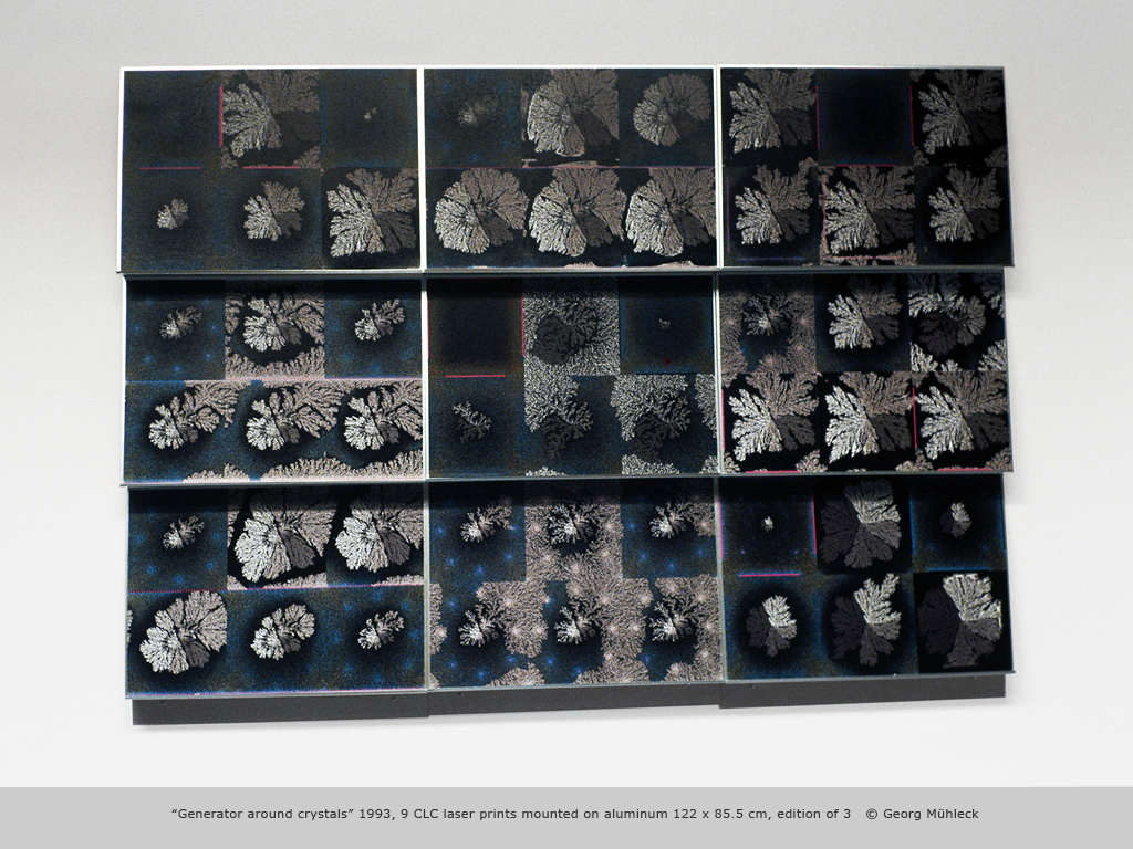“Generator around crystals” 1993, 9 CLC laser prints mounted on aluminum 122 x 85.5 cm, edition of 3   © Georg Mühleck