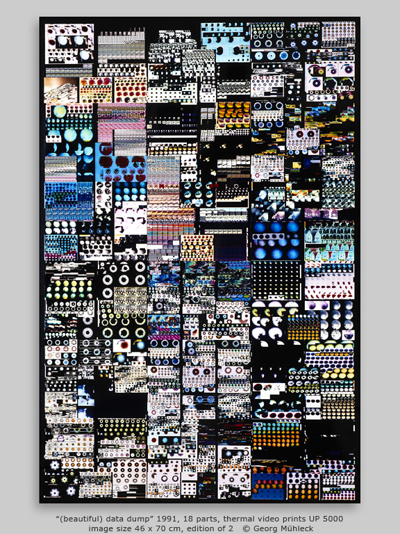 “(beautiful) data dump” 1991, 18 parts, thermal video prints UP 5000  image size 46 x 70 cm, edition of 2   © Georg Mühleck