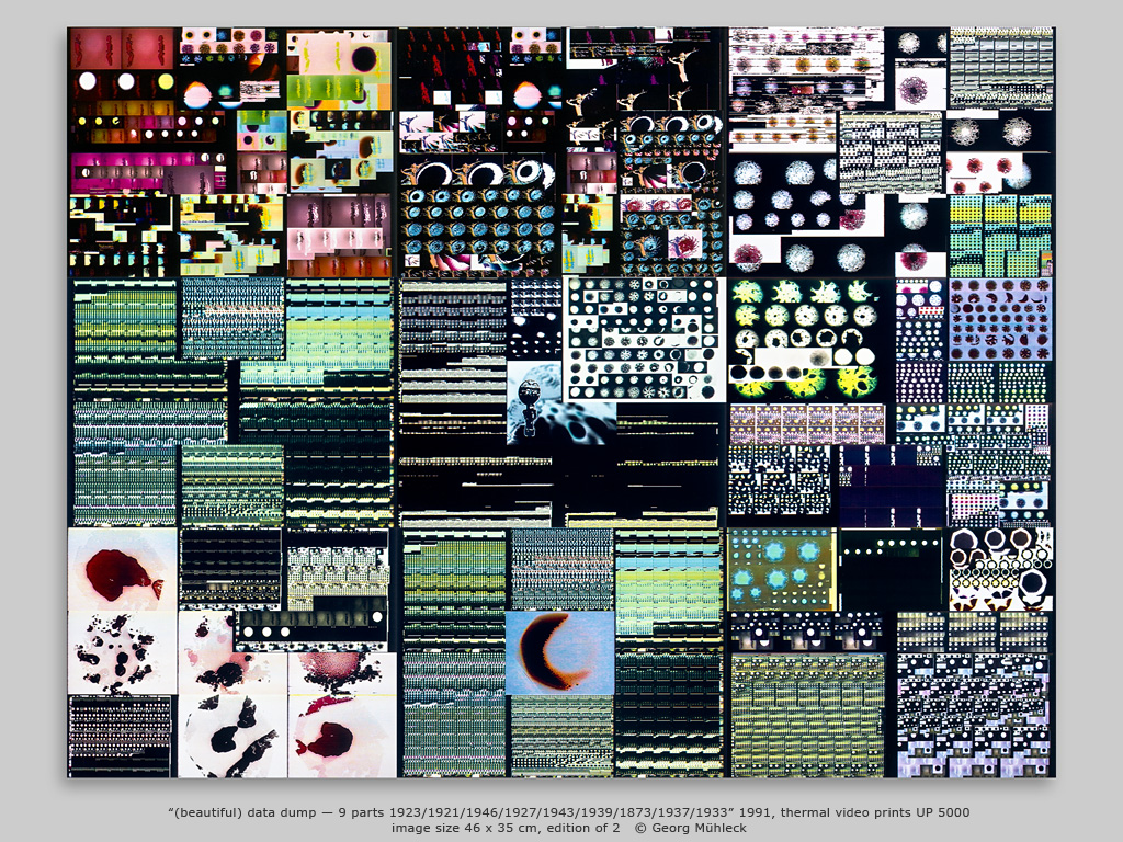 “(beautiful) data dump — 9 parts 1923/1921/1946/1927/1943/1939/1873/1937/1933” 1991, thermal video prints UP 5000 image size 46 x 35 cm, edition of 2   © Georg Mühleck