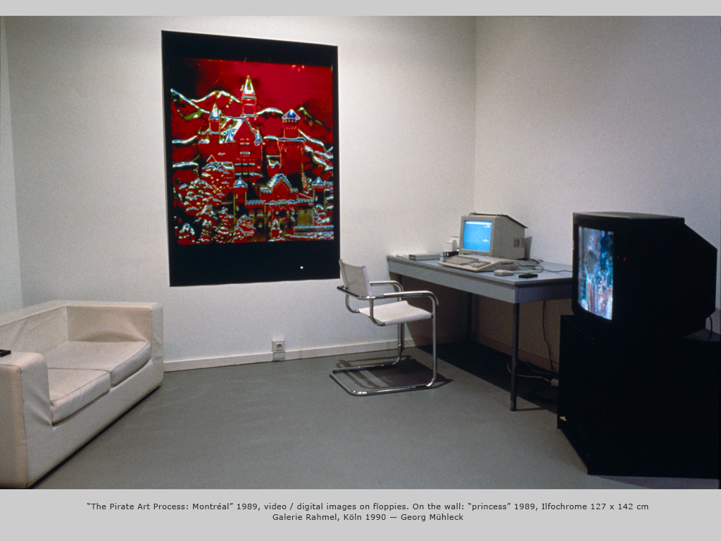 “The Pirate Art Process: Montréal” 1989, video / digital images on floppies. On the wall: “princess” 1989, Ilfochrome 127 x 142 cm, Galerie Rahmel, Köln 1990 — Georg Mühleck