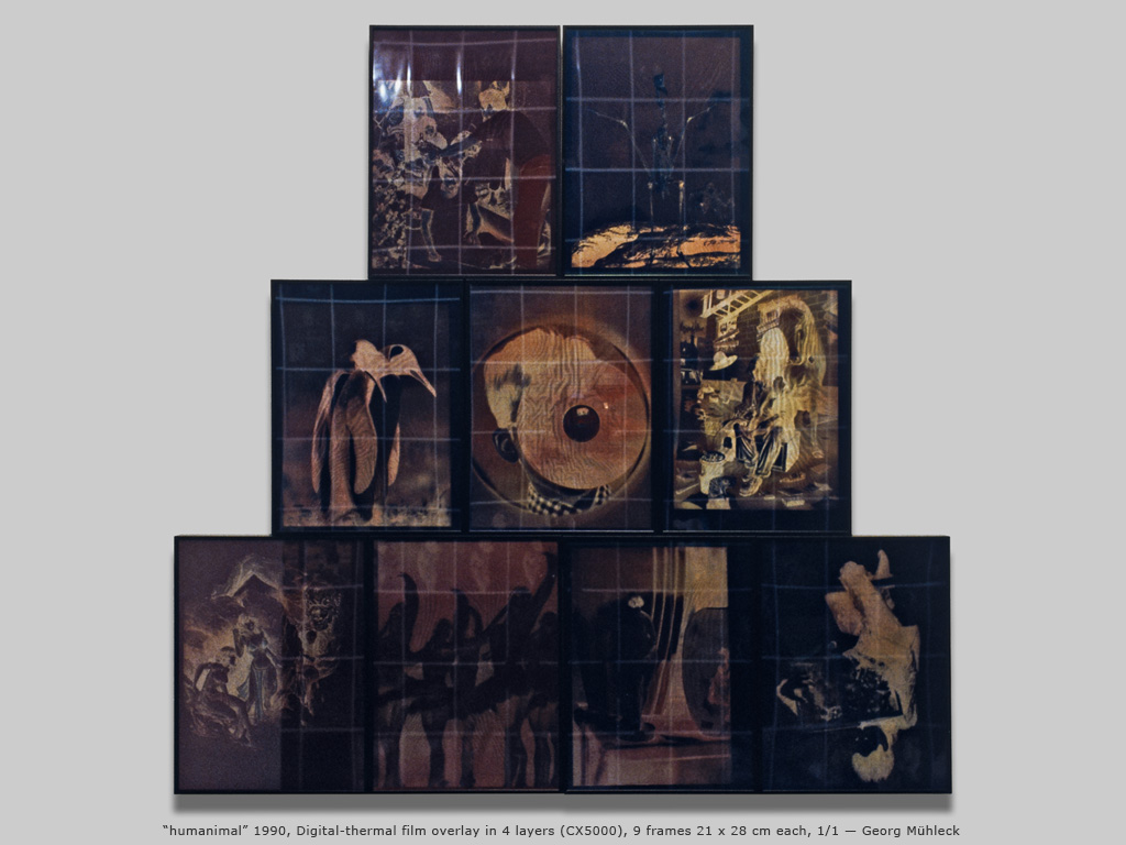 “humanimal” 1990, Digital-thermal film overlay in 4 layers (CX5000), 9 frames 21 x 28 cm each, 1/1 — Georg Mühleck