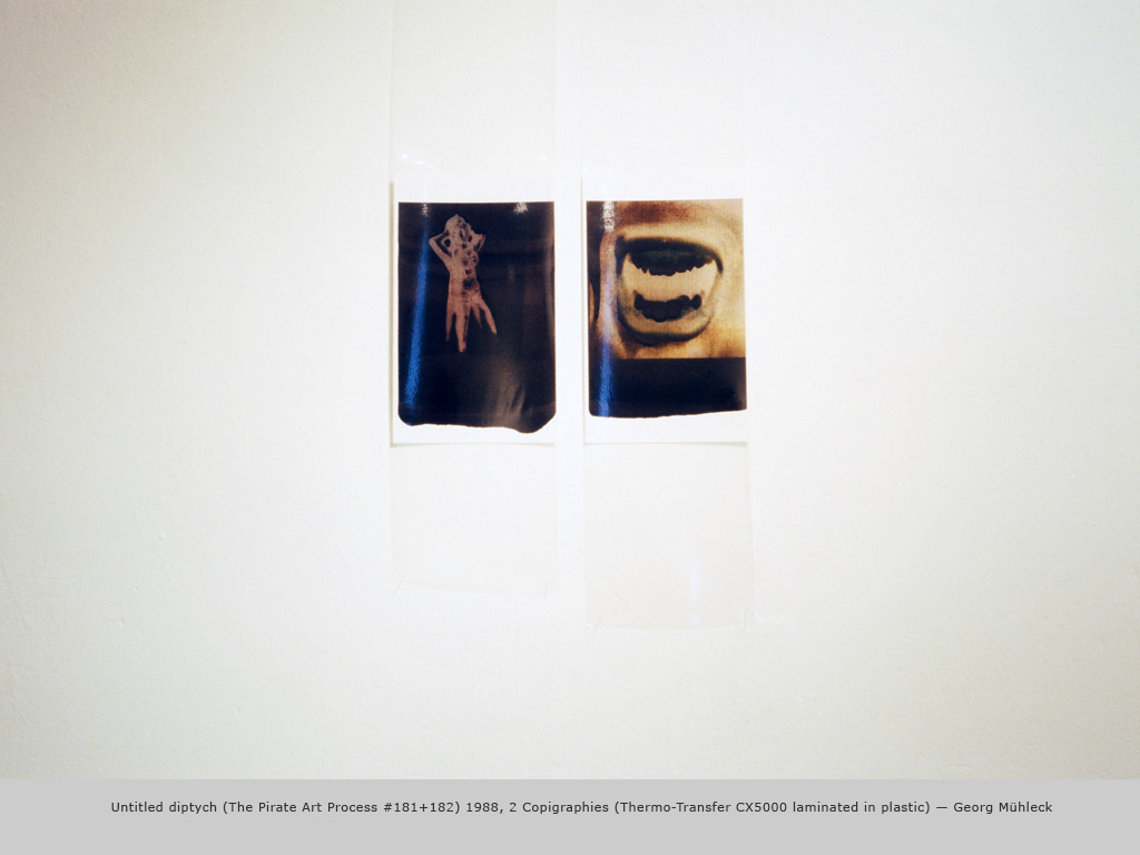 Untitled diptych (The Pirate Art Process #181+182) 1988, 2 Copigraphies (Thermo-Transfer CX5000 laminated in plastic) — Georg Mühleck