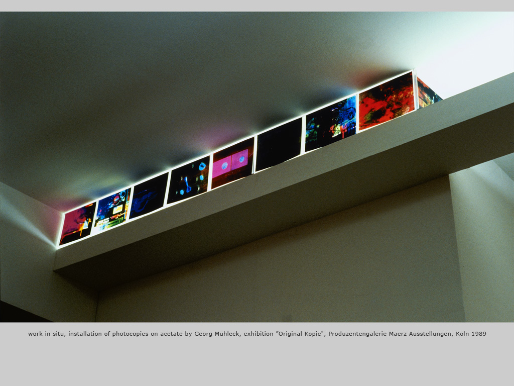 work in situ, installation of photocopies on acetate by Georg Mühleck, exhibition ”Original Kopie", Produzentengalerie Maerz Ausstellungen, Köln 1989