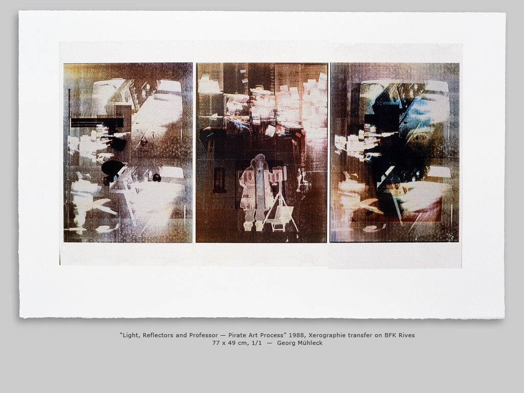 “Light, Reflectors and Professor — Pirate Art Process” 1988, Xerographie transfer on BFK Rives 77 x 49 cm, 1/1  —  Georg Mühleck