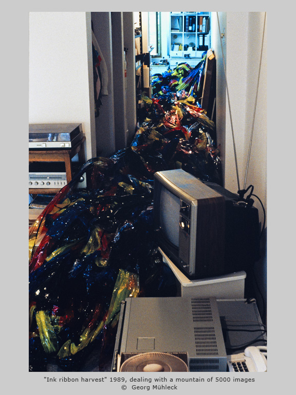 "Ink ribbon harvest" 1989, dealing with a mountain of 5000 images  ©  Georg Mühleck