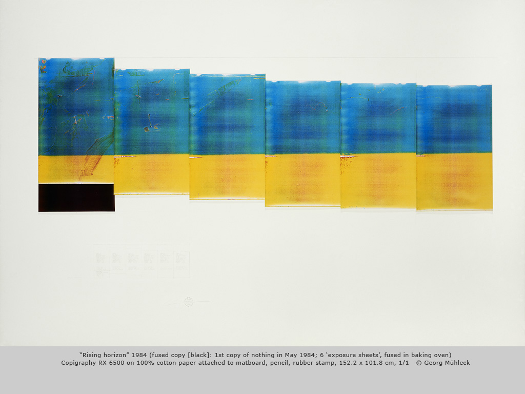 “Rising horizon” 1984 (fused copy [black]: 1st copy of nothing in May 1984; 6 ‘exposure sheets’, fused in baking oven)Copigraphy RX 6500 on 100% cotton paper attached to matboard, pencil, rubber stamp, 152.2 x 101.8 cm, 1/1   © Georg Mühleck