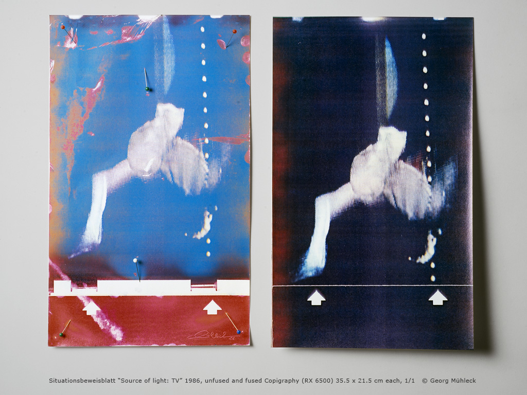 Situationsbeweisblatt “Source of light: TV” 1986, unfused and fused Copigraphy (RX 6500) 35.5 x 21.5 cm each, 1/1