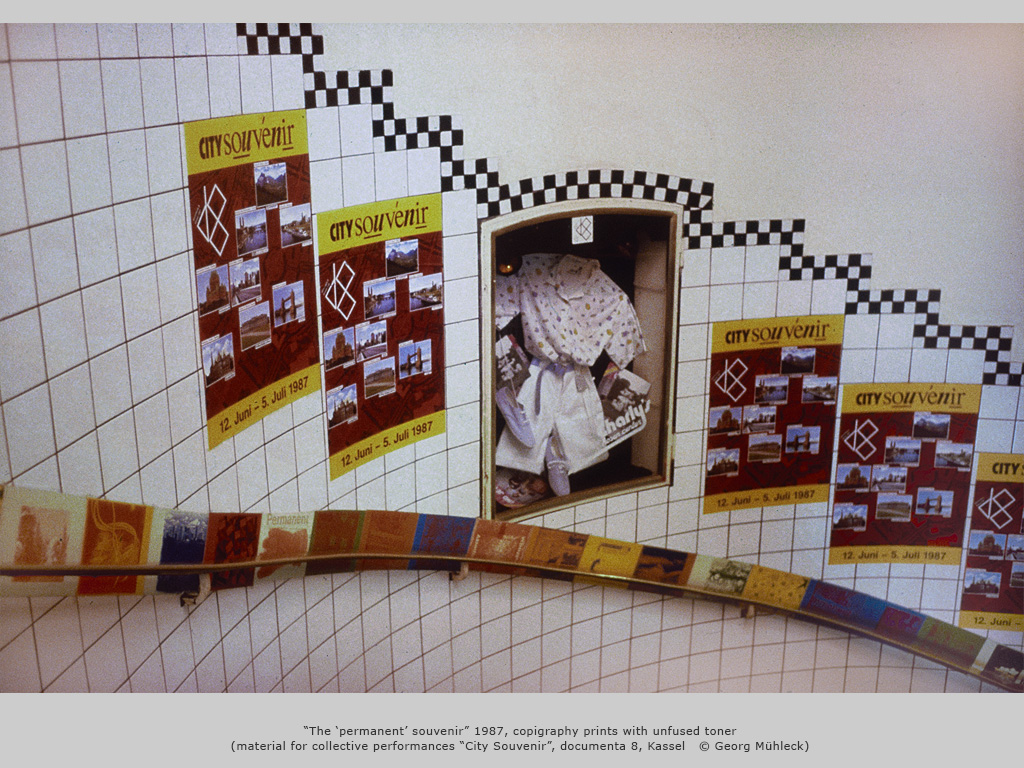 “The ‘permanent’ souvenir” 1987, copigraphy prints with unfused toner (material for collective performances “City Souvenir”, documenta 8, Kassel