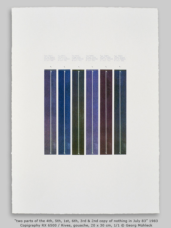 Òtwo parts of the 4th, 5th, 1st, 6th, 3rd & 2nd copy of nothing in July 83Ó 1983, Copigraphy RX 6500 / Rives, gouache, 20 x 30cm, 1/1 © Georg Mhleck