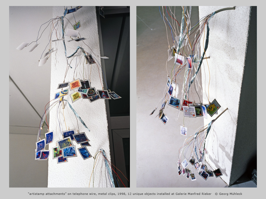 “artistamp attachments” on telephone wire, metal clips, 1998