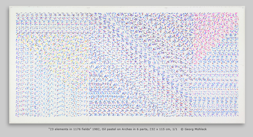 “23 elements in 1176 fields” 1982, Oil pastel on Arches in 6 parts, 232 x 115 cm, 1/1   © Georg Mühleck