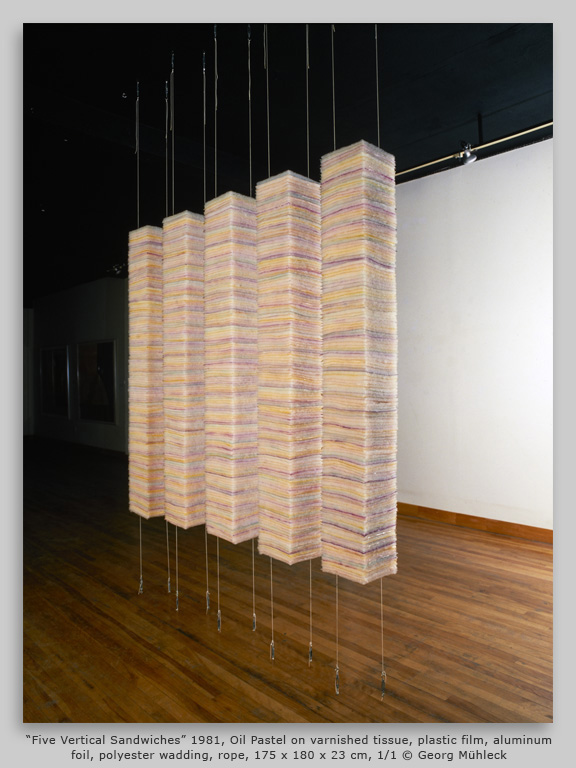 “Five Vertical Sandwiches” 1981, Oil Pastel on varnished tissue, plastic film, aluminum foil, polyester wadding, rope, 175 x 180 x 23 cm, 1/1 © Georg Mühleck