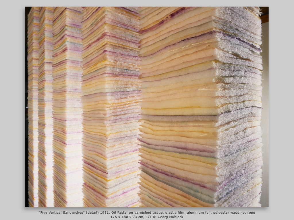“Five Vertical Sandwiches” (detail) 1981, Oil Pastel on varnished tissue, plastic film, aluminum foil, polyester wadding, rope175 x 180 x 23 cm, 1/1 © Georg Mühleck