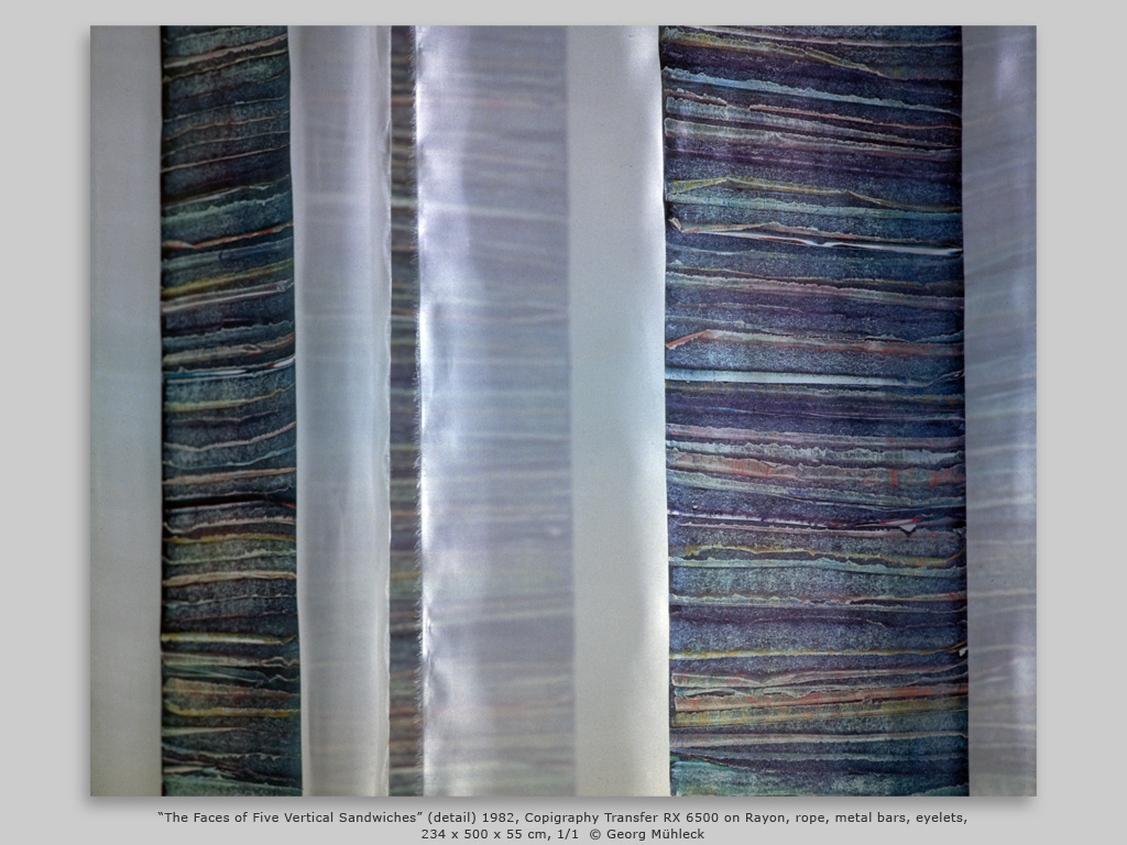 “The Faces of Five Vertical Sandwiches” (detail) 1982, Copigraphy Transfer RX 6500 on Rayon, rope, metal bars, eyelets, 234 x 500 x 55 cm, 1/1, 1982 © Georg Mühleck