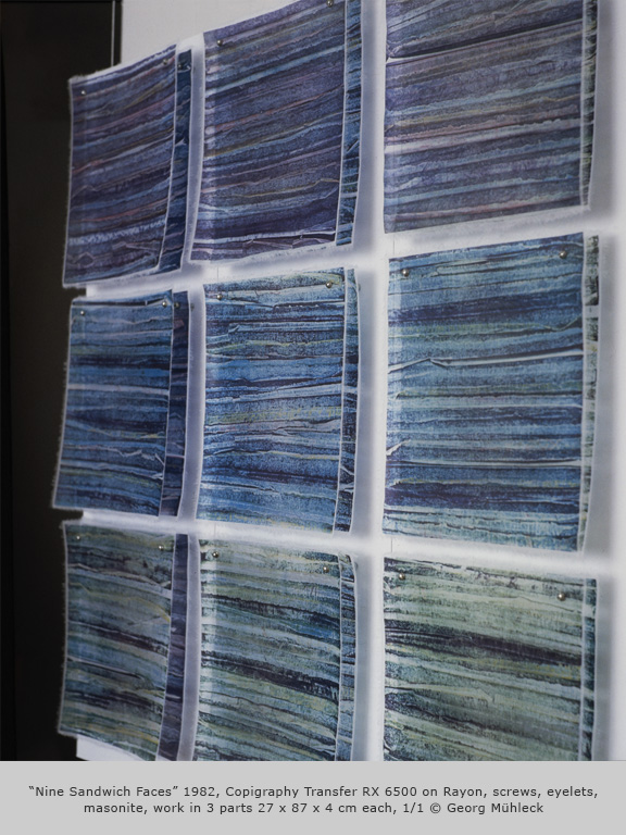 “Nine Sandwich Faces” 1982, Copigraphy Transfer RX 6500 on Rayon, screws, eyelets, masonite, work in 3 parts 27 x 87 x 4 cm each, 1/1 © Georg Mühleck