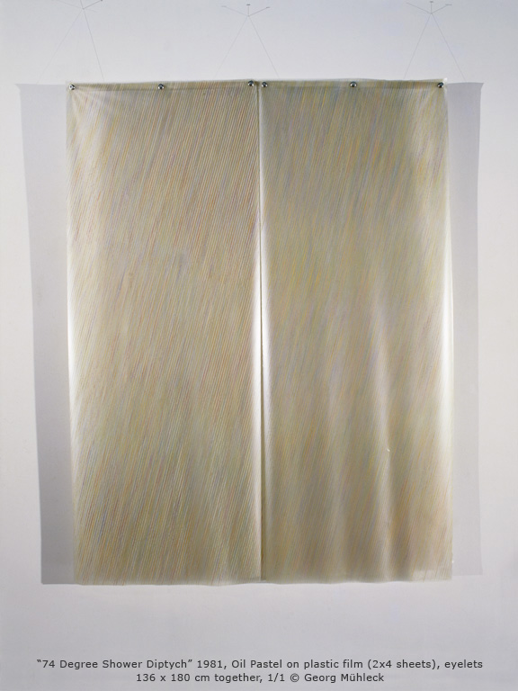 “74 Degree Shower Diptych” 1981, Oil Pastel on plastic film (2x4 sheets), eyelets136 x 180 cm together, 1/1 © Georg Mühleck