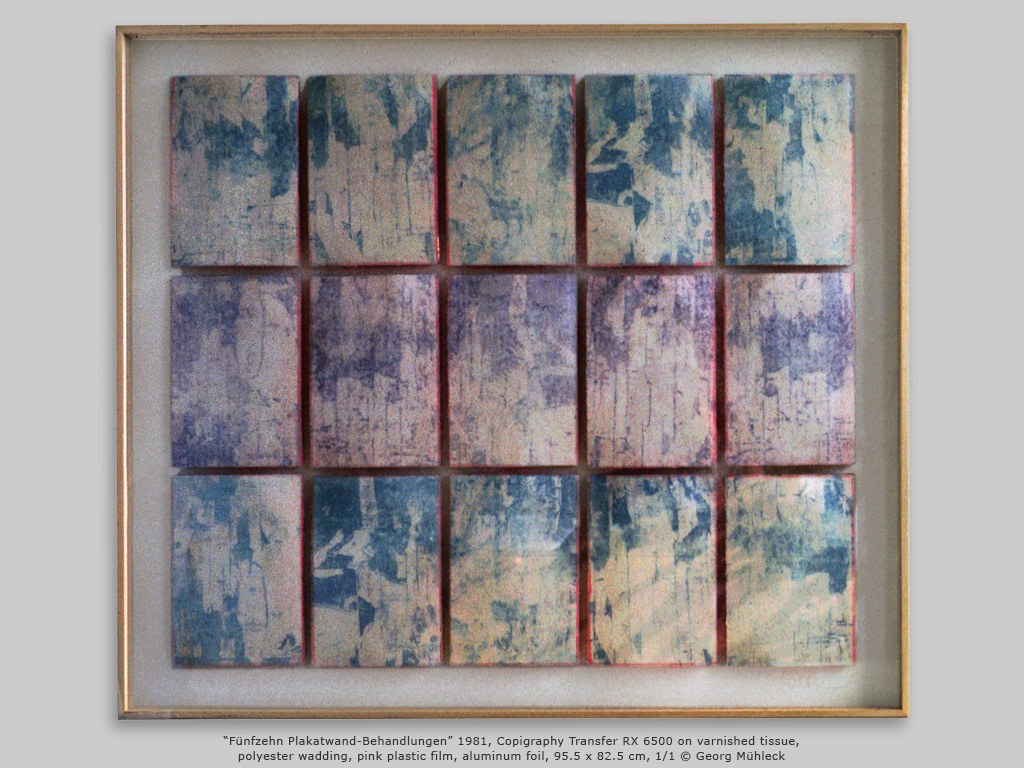 “Fünfzehn Plakatwand-Behandlungen” 1981, Copigraphy Transfer RX 6500 on varnished tissue, polyester wadding, pink plastic film, aluminum foil, 95.5 x 82.5 cm, 1/1 © Georg Mühleck