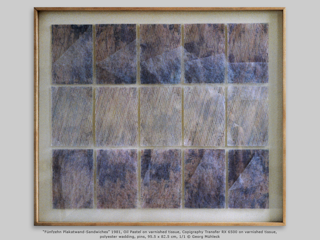 “Fünfzehn Plakatwand-Sandwiches” 1981, Oil Pastel on varnished tissue, Copigraphy Transfer RX 6500 on varnished tissue,polyester wadding, pins, 95.5 x 82.5 cm, 1/1 © Georg Mühleck
