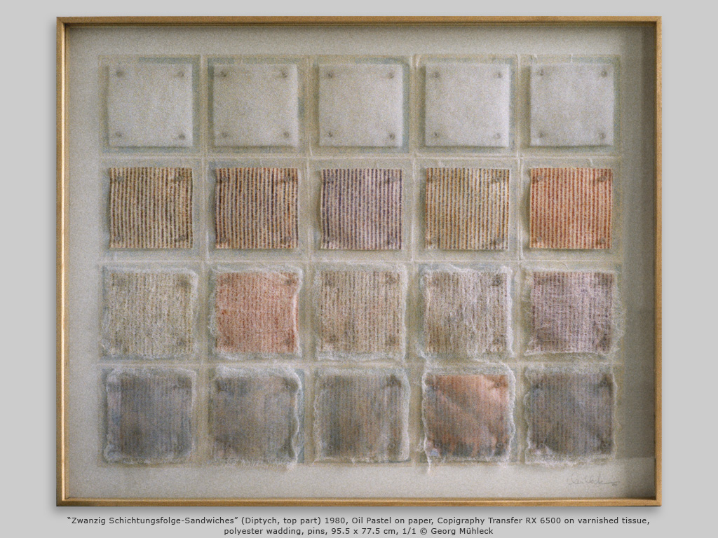 “Zwanzig Schichtungsfolge-Sandwiches” (Diptych, top part) 1980, Oil Pastel on paper, Copigraphy Transfer RX 6500 on varnished tissue,polyester wadding, pins, 95.5 x 77.5 cm, 1/1 © Georg Mühleck