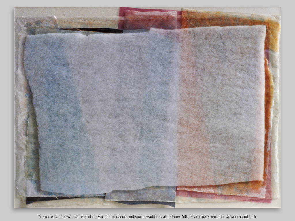 “Unter Belag” 1981, Oil Pastel on varnished tissue, polyester wadding, aluminum foil, 91.5 x 68.5 cm, 1/1 © Georg Mühleck
