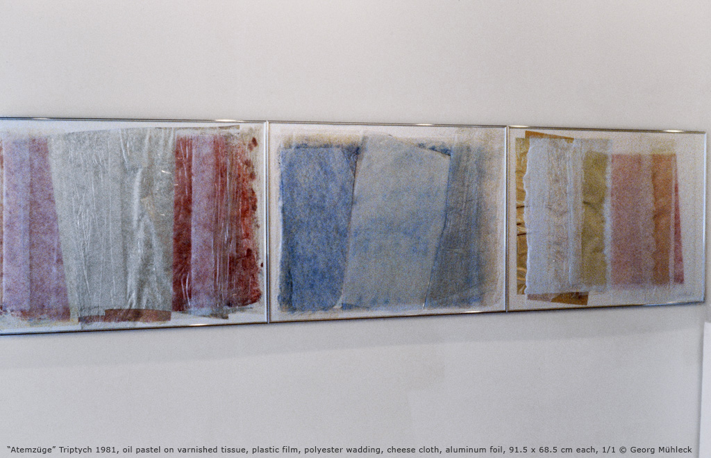 “Atemzüge” Triptych 1981, oil pastel on varnished tissue, plastic film, polyester wadding, cheese cloth, aluminum foil, 91.5 x 68.5 cm each, 1/1 © Georg Mühleck