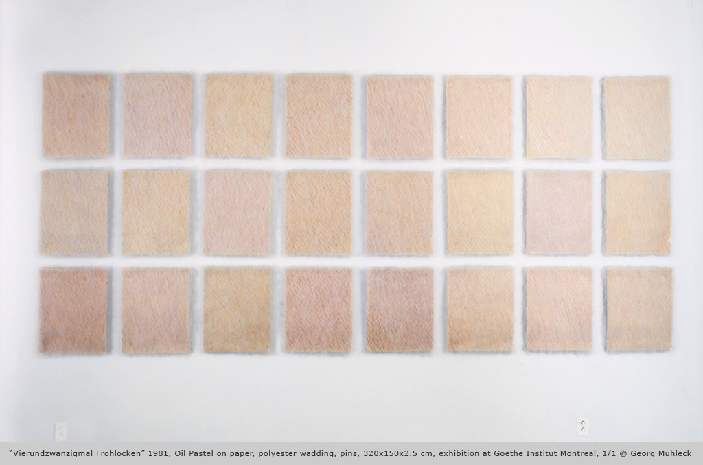 “Vierundzwanzigmal Frohlocken” 1981, Oil Pastel on paper, polyester wadding, pins, 320 x 150 x 2.5 cm, exhibition at Goethe Institut Montréal, 1/1 © Georg Mühleck