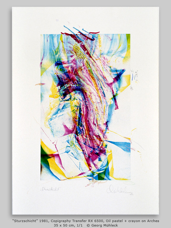 “Sturzschicht” 1981, Copigraphy Transfer RX 6500, Oil pastel + crayon on Arches 35 x 50 cm, 1/1   © Georg Mühleck