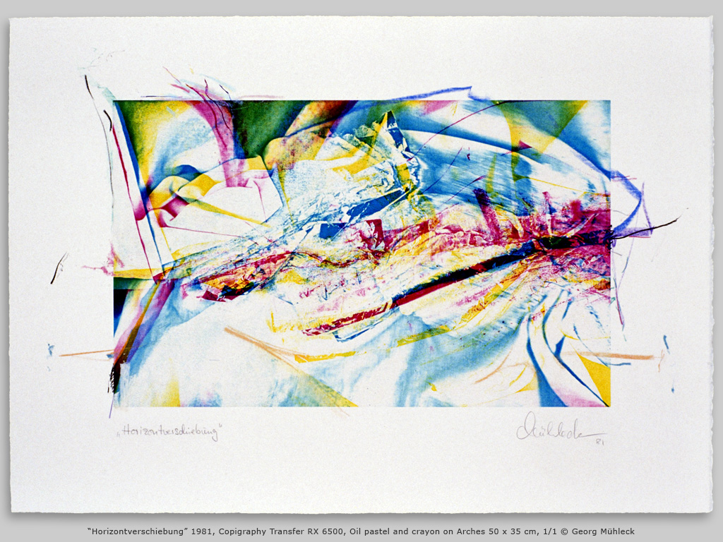 “Horizontverschiebung” 1981, Copigraphy Transfer RX 6500, Oil pastel and crayon on Arches 50 x 35 cm, 1/1 © Georg Mühleck