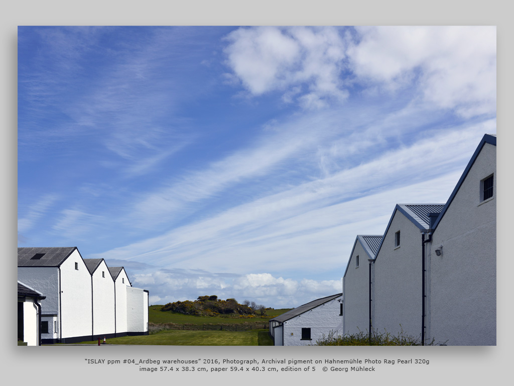 “ISLAY ppm #04_Ardbeg warehouses” 2016, Photograph, Archival pigment on Hahnemühle Photo Rag Pearl 320gimage 57.4 x 38.3 cm, paper 59.4 x 40.3 cm, edition of 5 © Georg Mühleck