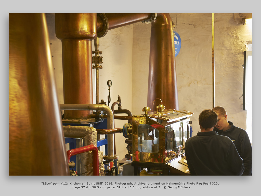 “ISLAY ppm #12: Kilchoman Spirit Still” 2016, Photograph, Archival pigment on Hahnemühle Photo Rag Pearl 320gimage 57.4 x 38.3 cm, paper 59.4 x 40.3 cm, edition of 5 © Georg Mühleck